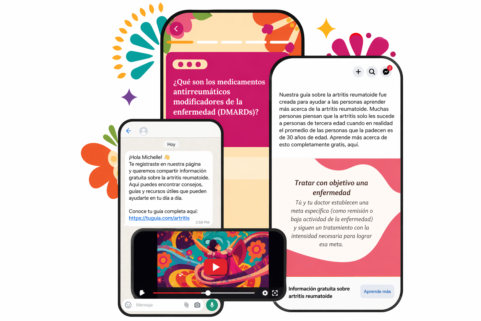 Three mobile screens showing Spanish-language RA education content delivered via WhatsApp, video, and social-format cards